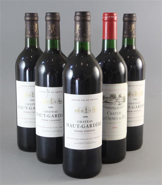 Four bottles of Chateau Haut-Gardere, Pessac Leognan, 1996 and two bottles of Chateau Les Ormes De Pez St.